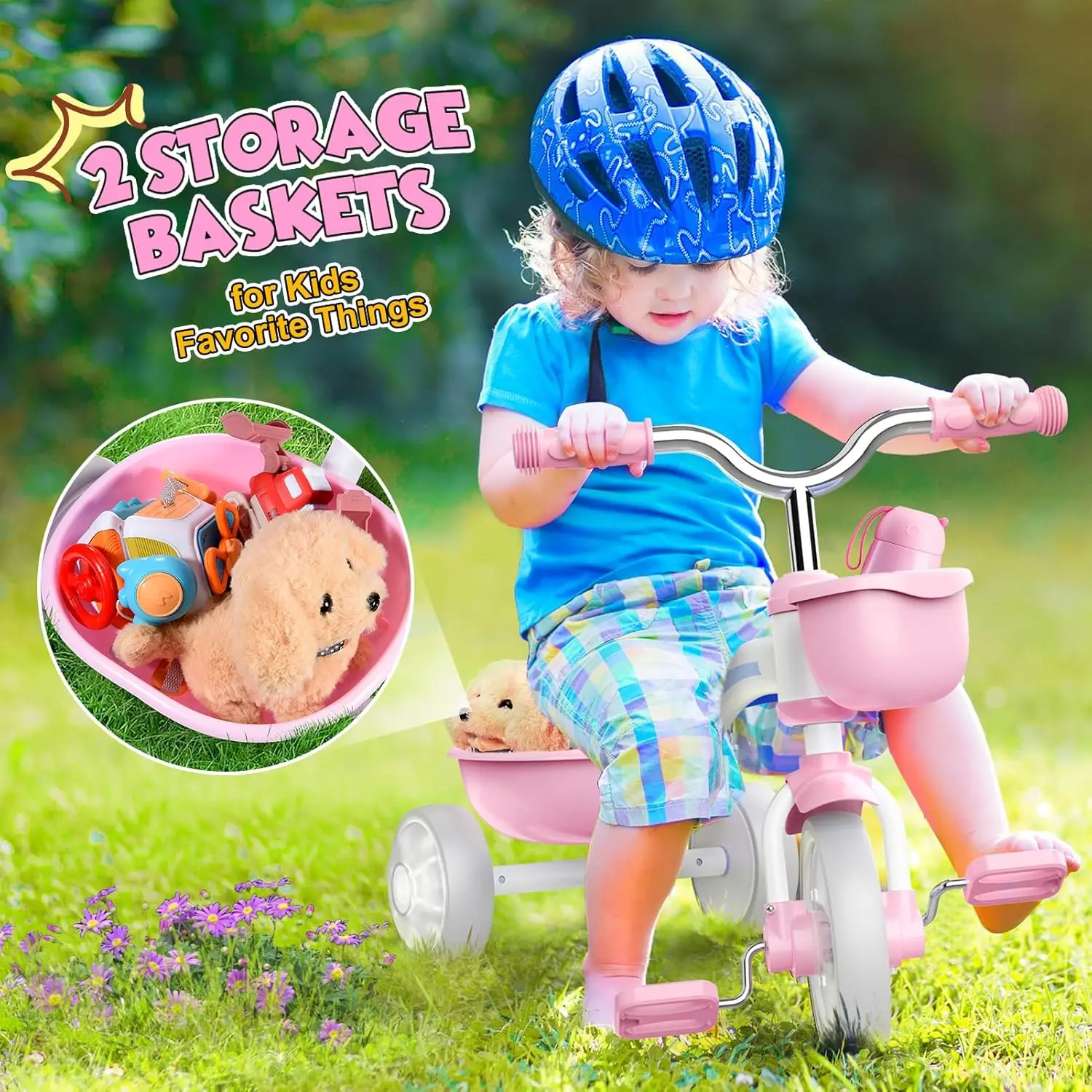 Toddler Tricycle for 1-5 Years, Pink Baby Bike with Light-Up Wheels, 4-Level Adjustable Seat, 2 Baskets, Outdoor Riding Toy for Girls view 5