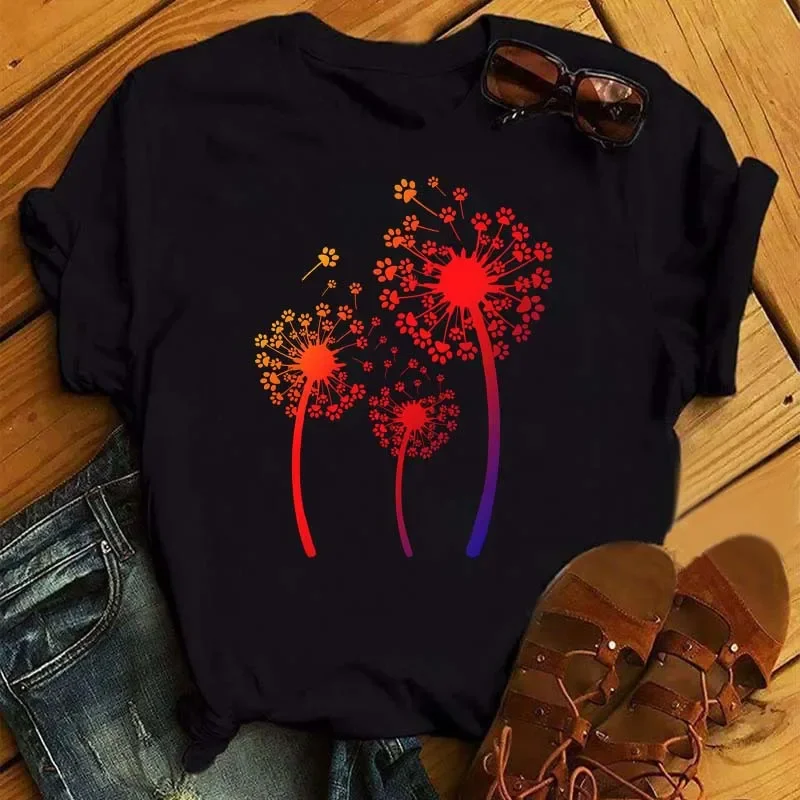 Explosive Women's Dandelion Pattern Women's Simple Fashion Printed Cartoon Base T-shirt Tops  Graphic T Shirts  Harajuku