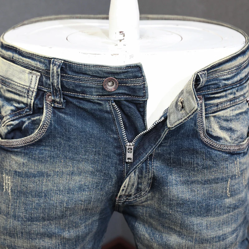 Fashion Designer Men Jeans High Quality Retro Washed Blue Elastic Slim Fit Ripped Jeans Men Vintage Casual Denim Pants Hombre