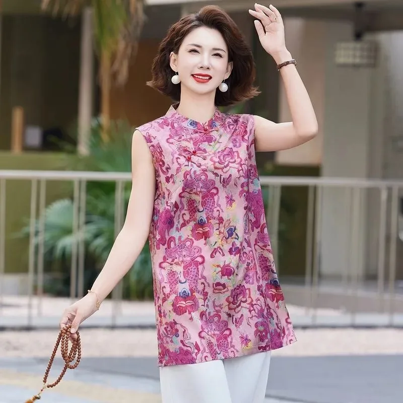 Women's Sleeveless Cheongsam Top Floral Print Mandarin Collar Frog Button Loose Fit Elegant Blouse Middle-aged Elderly Shirt