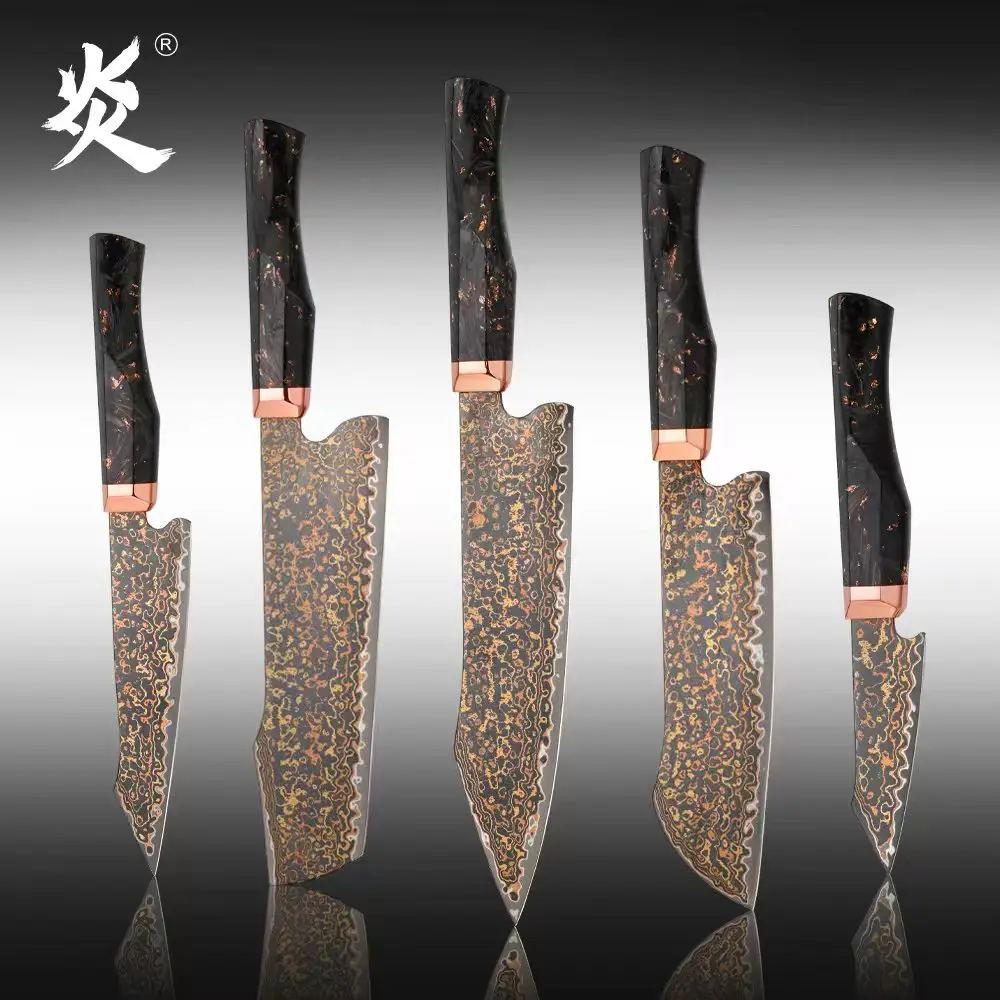 YAN Japanese 5PCS 77 Layers Damascus VG10 10Cr15CoMoV Core Chef Kitchen Knife Octagonal Copper Bolster Carbon Fiber Handl