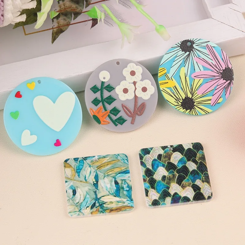 New style 50pcs/lot color pattern print geometry round square shape acrylic beads diy jewelry garment pendant accessory
