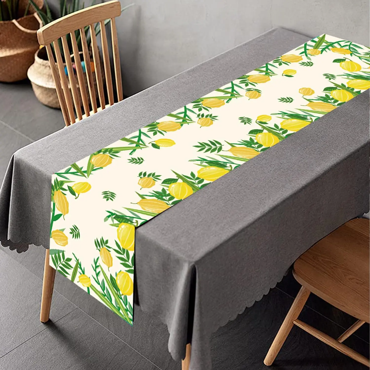 

Happy Sukkot Linen Table Runner Jewish New Year Party Decorations Etrog Citron Lulav Table Runners Holiday Kitchen Table Decor