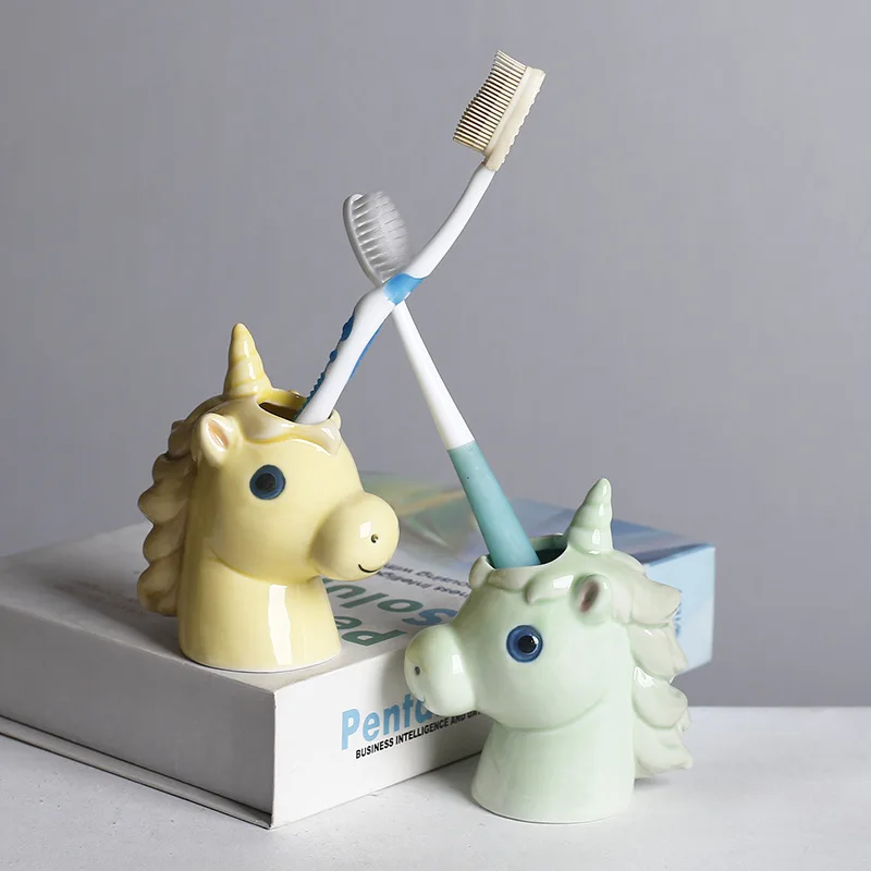 Suporte de escova de dentes de cerâmica em forma de animal bonito, suporte de base de escova de dentes, tubo de armazenamento de dentes de banheiro doméstico, decoração de banheiro