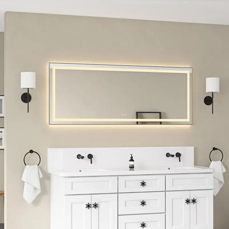 

72x28 Inch LED Vanity Mirror, Wall-Mounted with Aluminum Frame, Front & Backlight, Anti-Fog, Memory Function, 3 Color Options,