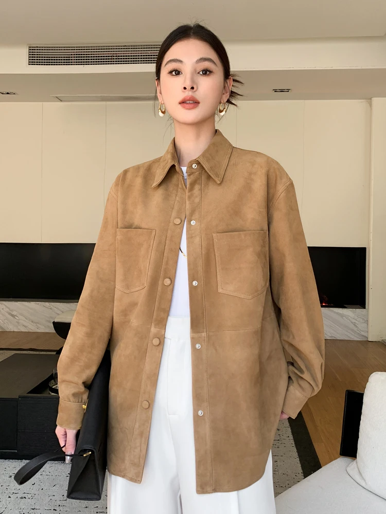 

Mid-length Genuine Leather Shirt Jackets for Women Spring Autumn Simple Vintage Slim Real Sheepskin Suede Coat casaca de cuero