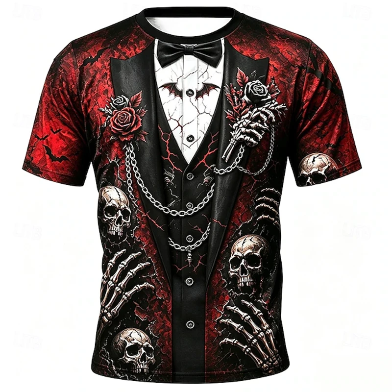 Halloween Men's Skeleton Print T-Shirt Count Short-Sleeve T-Shirt 3D Print Crew Neck Shirt Holiday Party Short-Sleeve Shirt