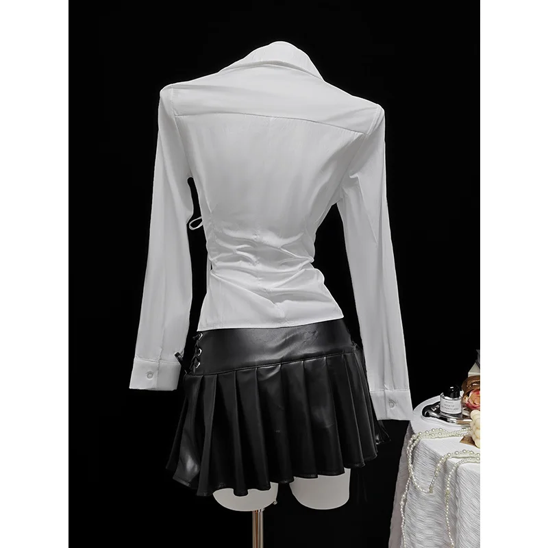 Benuynffy 2025 Otoño Invierno Color sólido Top con cordones mujer moda manga larga Y2k ropa de calle camisas y blusas blancas mujer nuevo