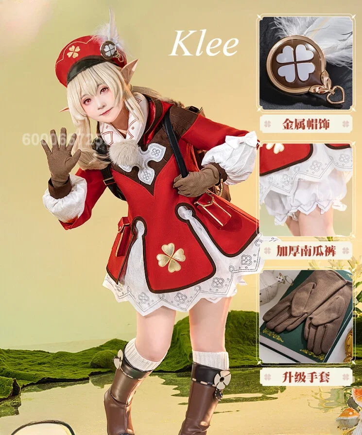 

Genshin Impact Klee Cosplay Costume Lovely Loli Women's Clothing Full Set with Hat Anime Game Outfit for Halloween Party