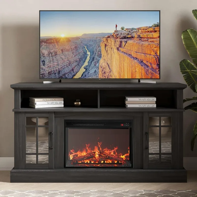 

Traditional 58" Rustic TV Stand with 23" Electric Fireplace Heater, Media Entertainment Center Console Table for TV up to 65"