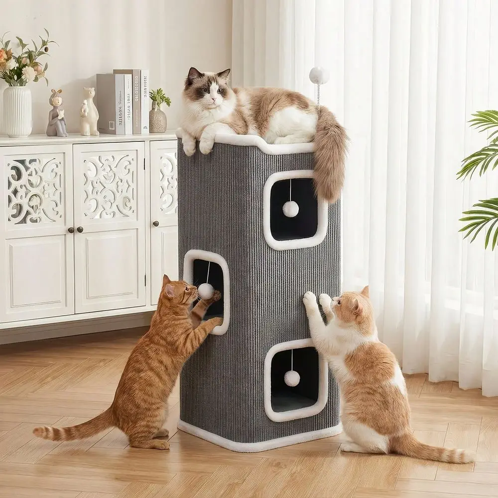 

Polyester 3Level Foldable Cat Tree chResistant Interactive Toy, Soft Bed White Trim New Year Pet grade
