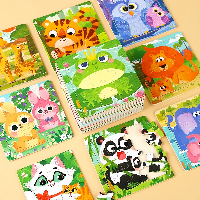 11x11cm Montessori Wooden Puzzle Cartoon Animal Traffic Jigsaw 3d Puzzle Baby Early Learning Educational Toys For Kids