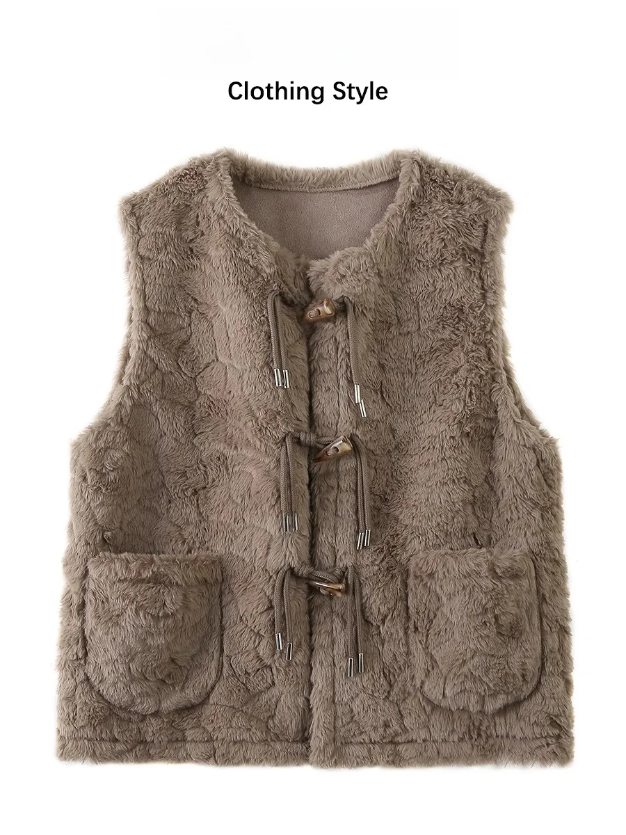 

Lamb Velvet Cow Horn Button Vest Jaet Women's Autumn Winter Layering Slimming ular Leather Fur Inteated Vest Top Trendy