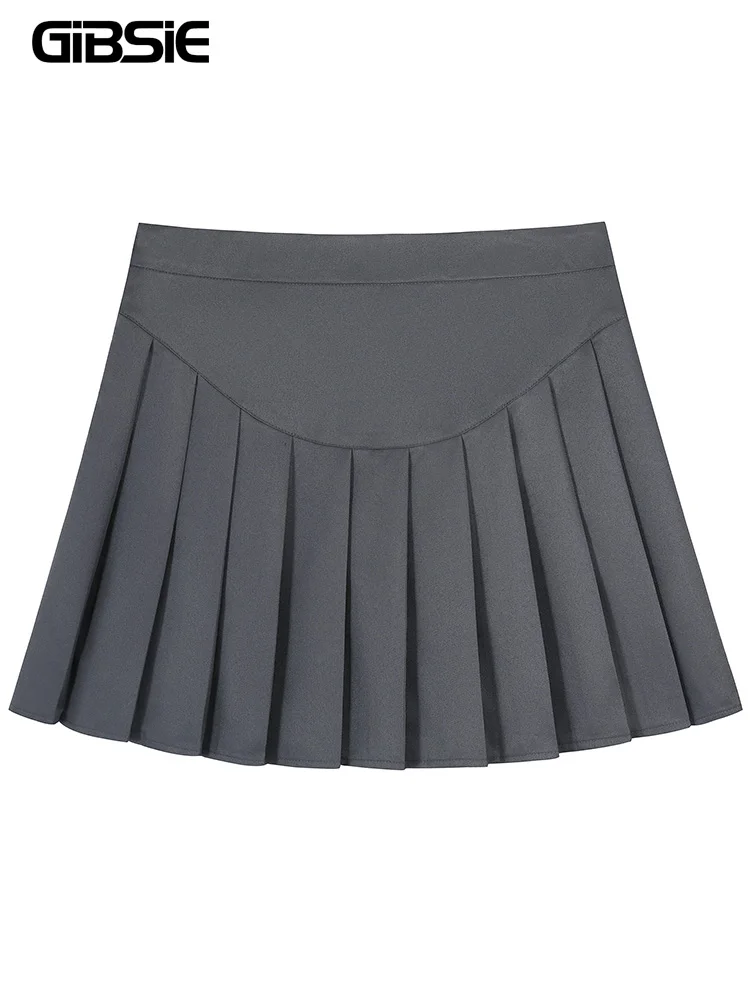 GIBSIE Plus Size Women High Waist Pleated Skirt Kawaii Casual School Korean A-Line Skirt Gray Black Mini Skirts for Girls