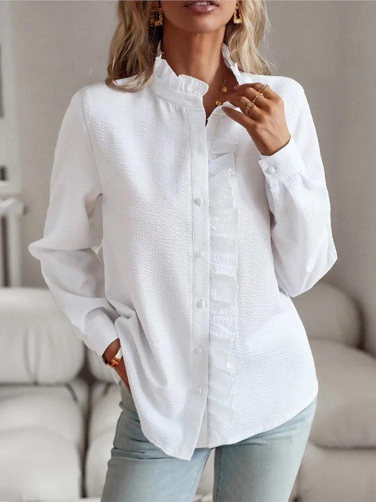 Simple Women Shirt Fashion Ruffles Stand Collar Long Sleeve Elegant Office Blouse White Top Spring Summer Causal Pink Shirts