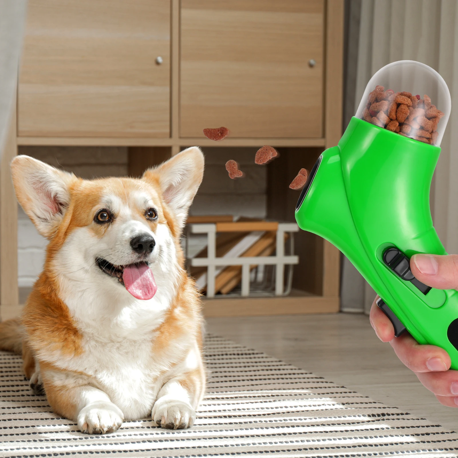 

Launcher Green Pet Treat Dog Interactive Feeder Training Spring Loaded Trigger Hands Free Petting Fun