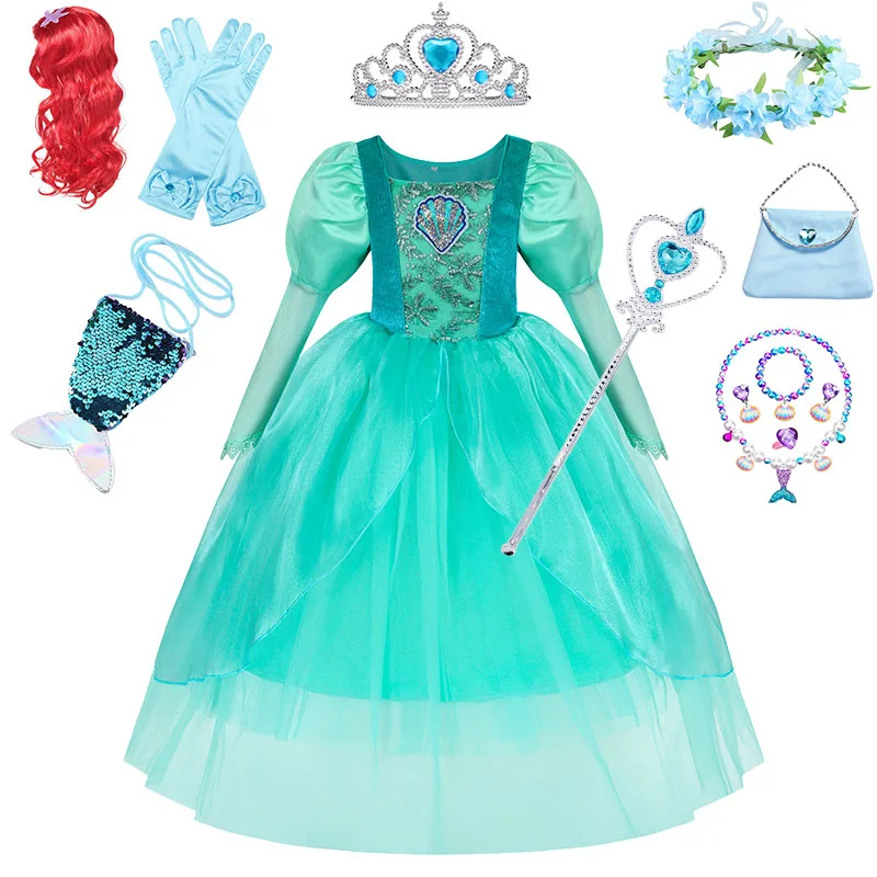 Ariel Costume For Girls Princess Dress Green Long Sleeve Ball Gown Party Cosplay Outfit Little Mermaid Dress Halloween Gift