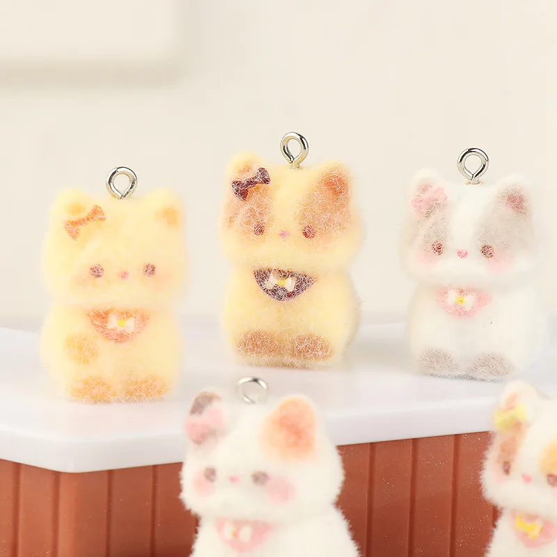Pendentif chaton tridimensionnel en résine floquée, 10 pièces, breloques mignonnes, fabrication de bijoux, chaîne de téléphone portable, accessoires de charme pour sac