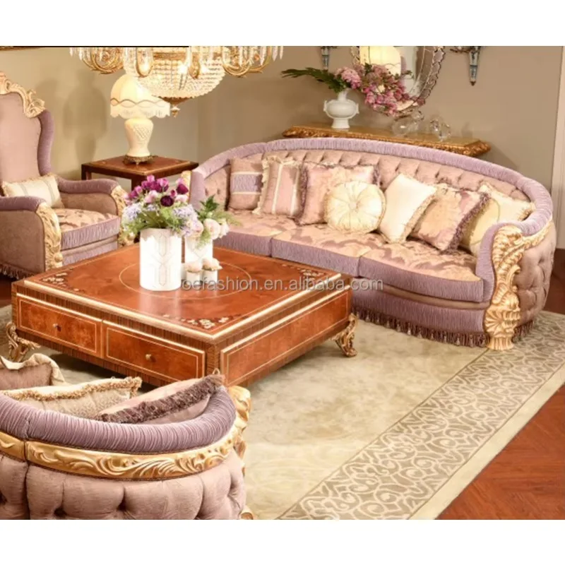 OE-FASHION Customized Oem Luxury European Style Fabric Sectional  Wood Carved Furniture Living Room Sofa Set
