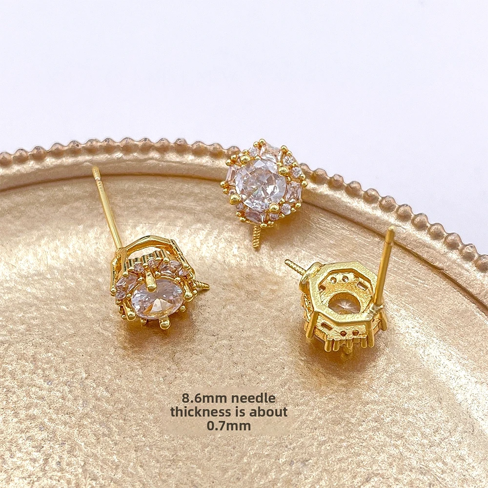 Brass Plated with Genuine Gold Zircon Inlay Exquisite Ear Studs with Support DIY Jewelry Making Semi-finished Product Accessory
