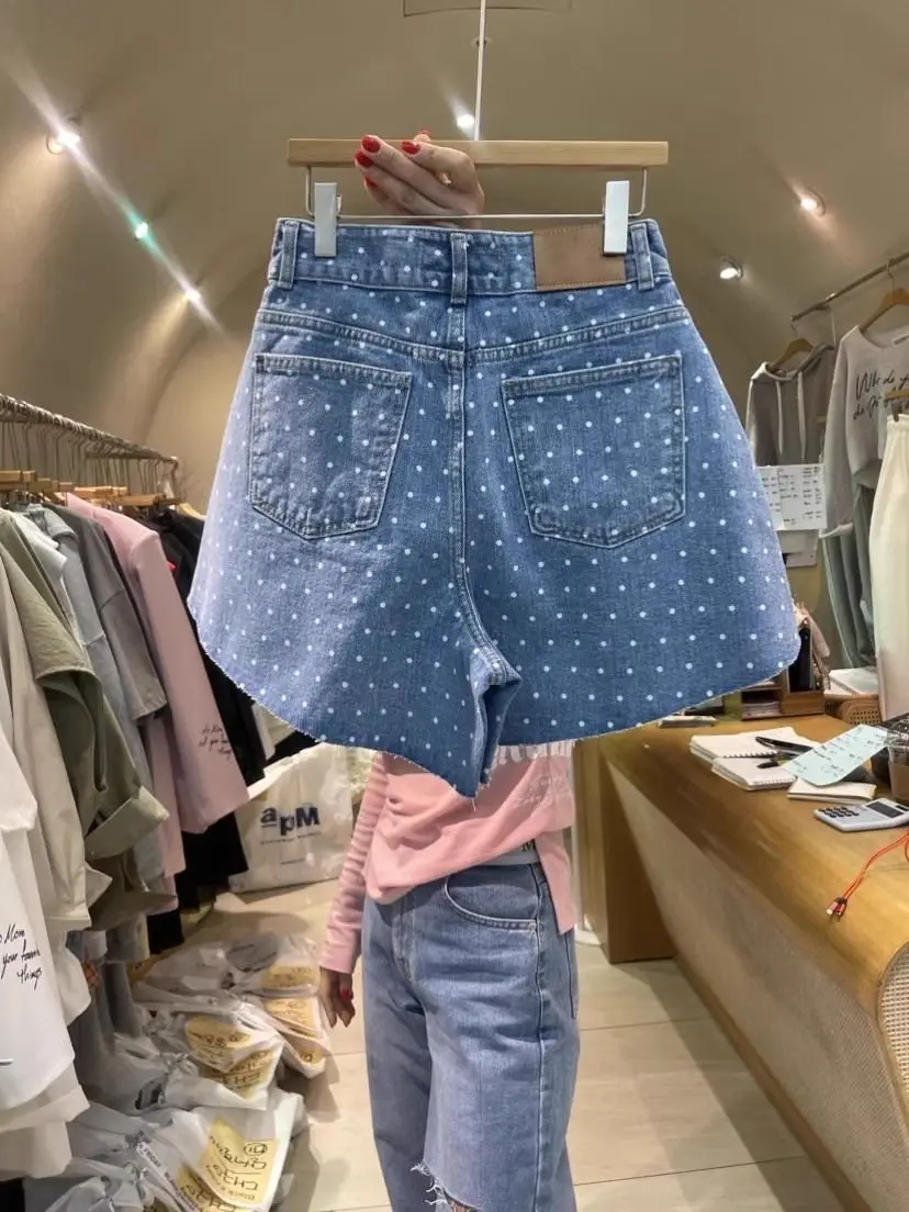 2025 Spring New Cute Polka Dot High-waisted Washed Rough-edged Denim Shorts Women's Wide-leg Pants Jeans