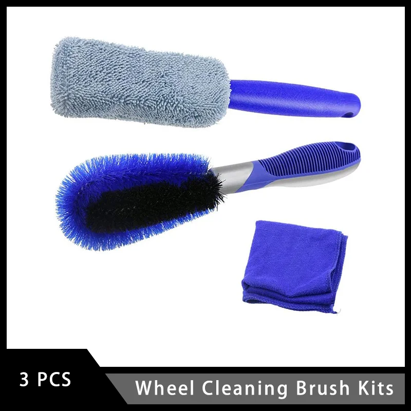 3 Pcs Car Wheel Cleaning Brush Kits with Rim Wash Duster Microfiber Cloth Blue for Auto Motorcycle Bike Wheel Cleaning