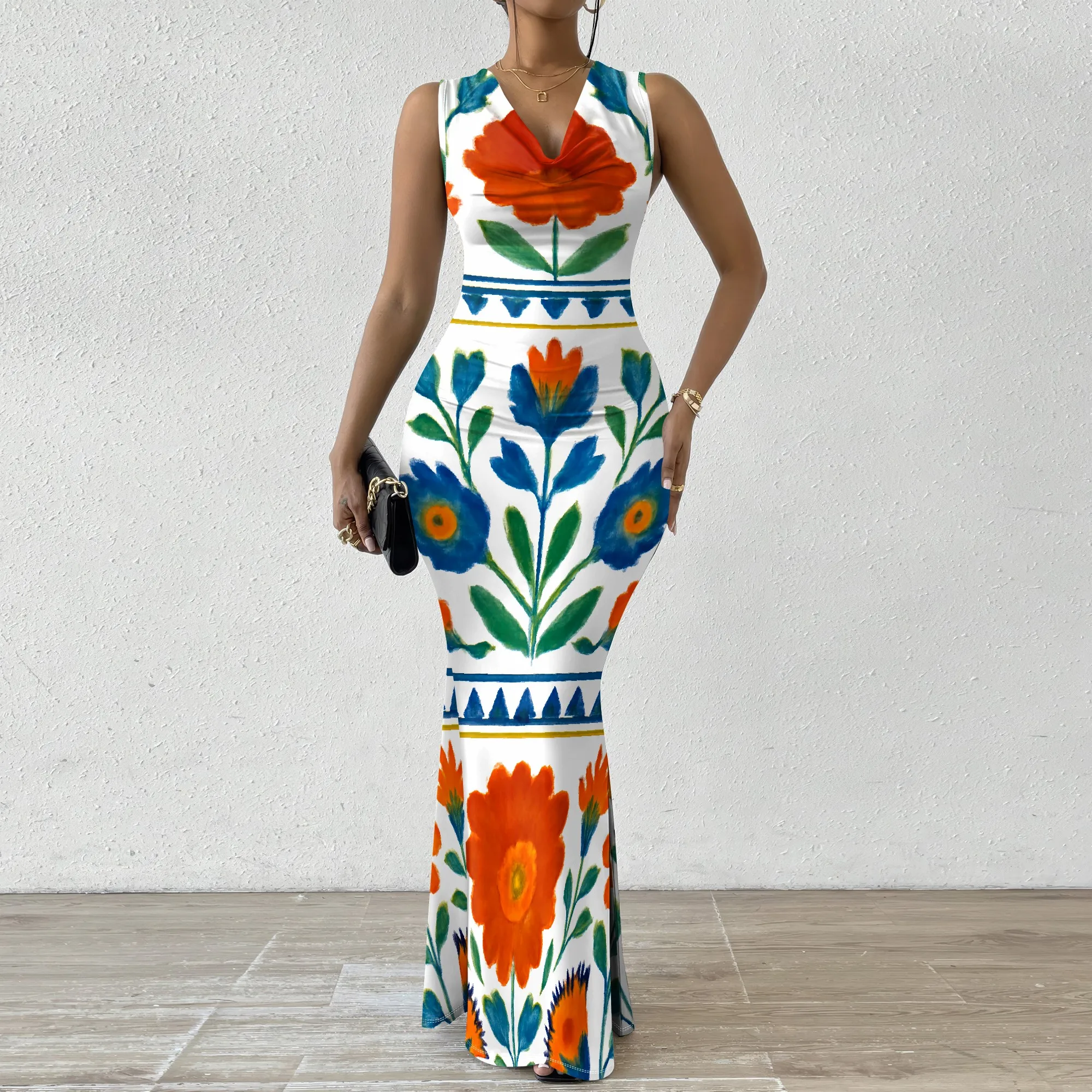 

Mexican Style Floral Print Maxi Dress XS-2XL Sleeveless Bodycon V-Neck Dress for Garden Party & Summer Vacation