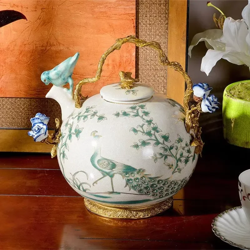 Ceramic Gourd Vase with Beaded Brass Bouquet Set Modern Tabletop Decor for Hotel Restaurant Home Interior Design Furniture