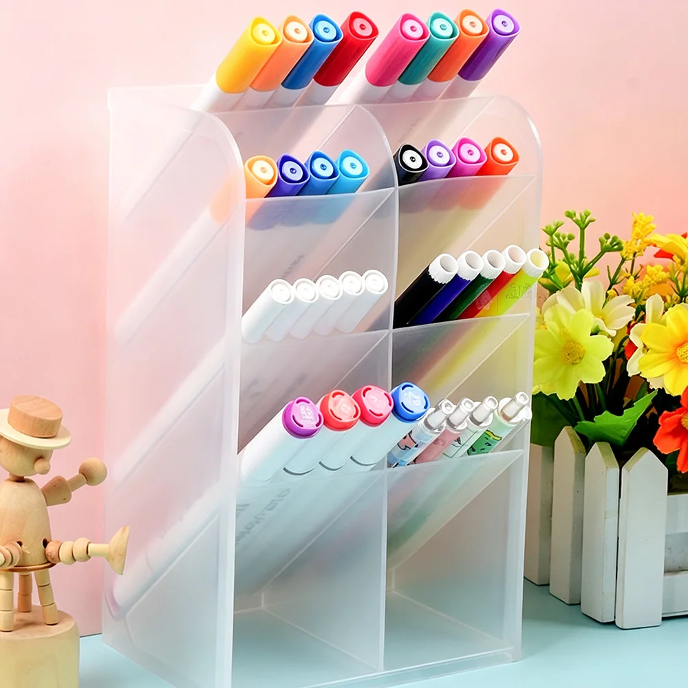 Multi-grid Slant Insert Pen Holder Desktop Organizer Plastic Matte Stationery Storage Box for School Office Desk Supplies