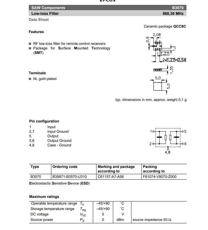 SAW 868,3 MHz ( B39871-B3570-U310 )  Ceramic package QCC8C   new original （5PCS）