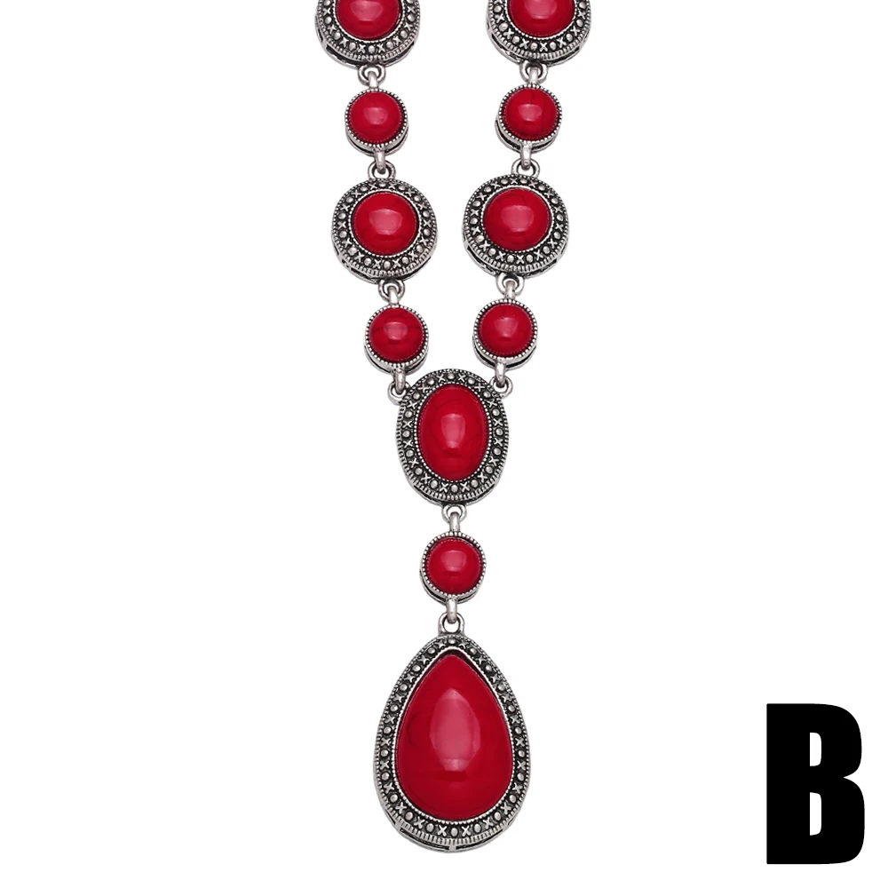 FLOLA Vintage Blue Red Stone Necklace Pendants Big Long Y Necklace with Stones Statement Jewelry for Women Gift nkea098