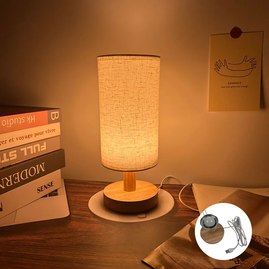 Modern Simple Solid Wood Base Atmosphere Lamp Bedroom Eye Protection Night Light Dormitory Bedside Lamp Led Tricolor Decorative