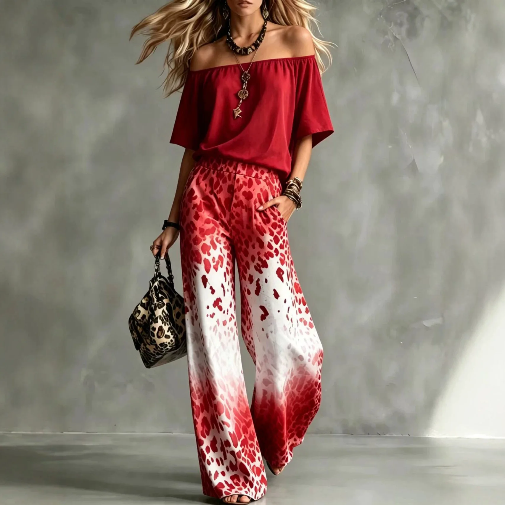 Summer Women Off Shoulder Short Sleeve Top Gradient Leopard Print Wide Leg Pants Two Piece Boho Casual Fashion Matching Suit New