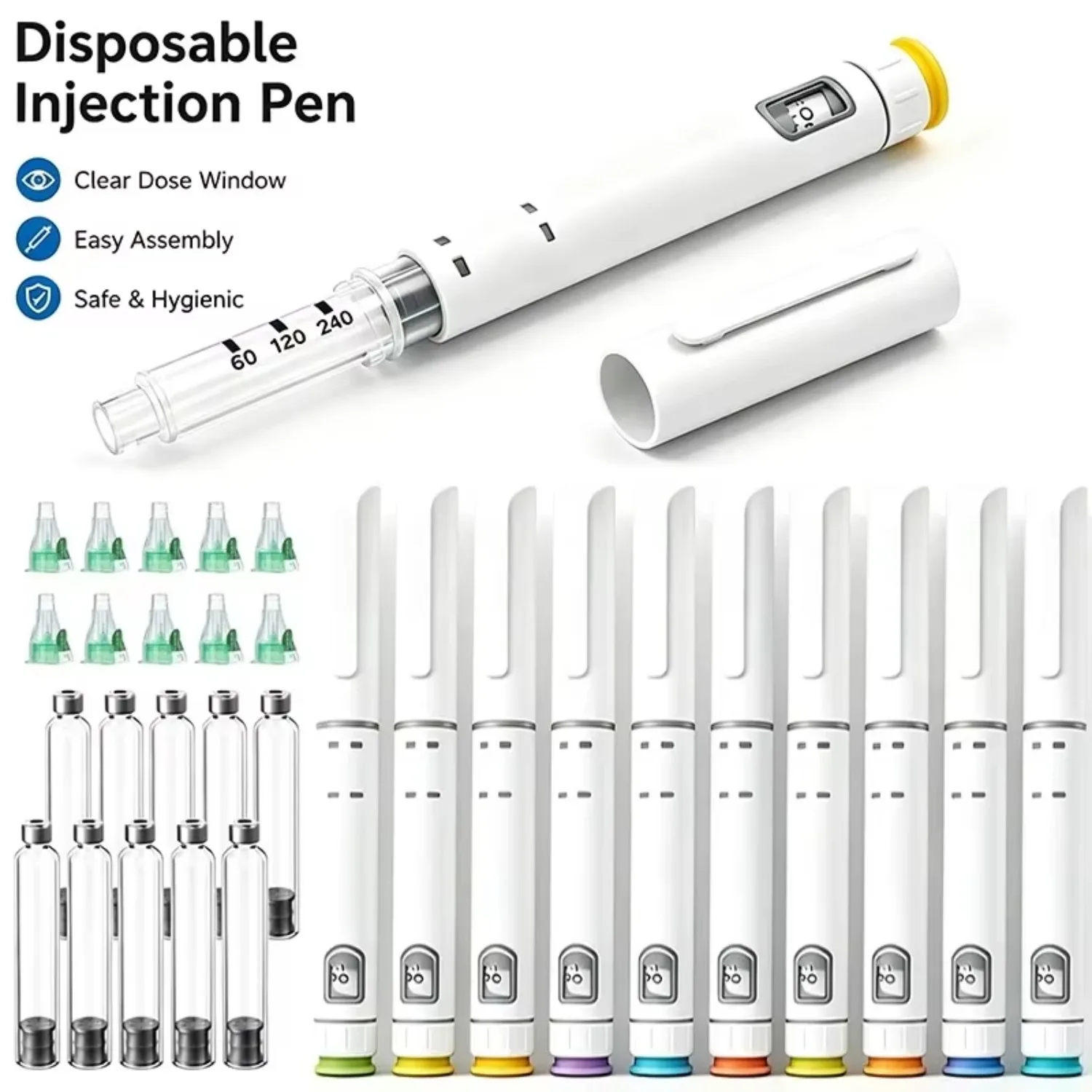 Disposable Insulin Peptide Injection Pen Kit 20/10 Pack with 3ml Empty Cartridges 31G Pen Tips Precise Dose Control Travel Use