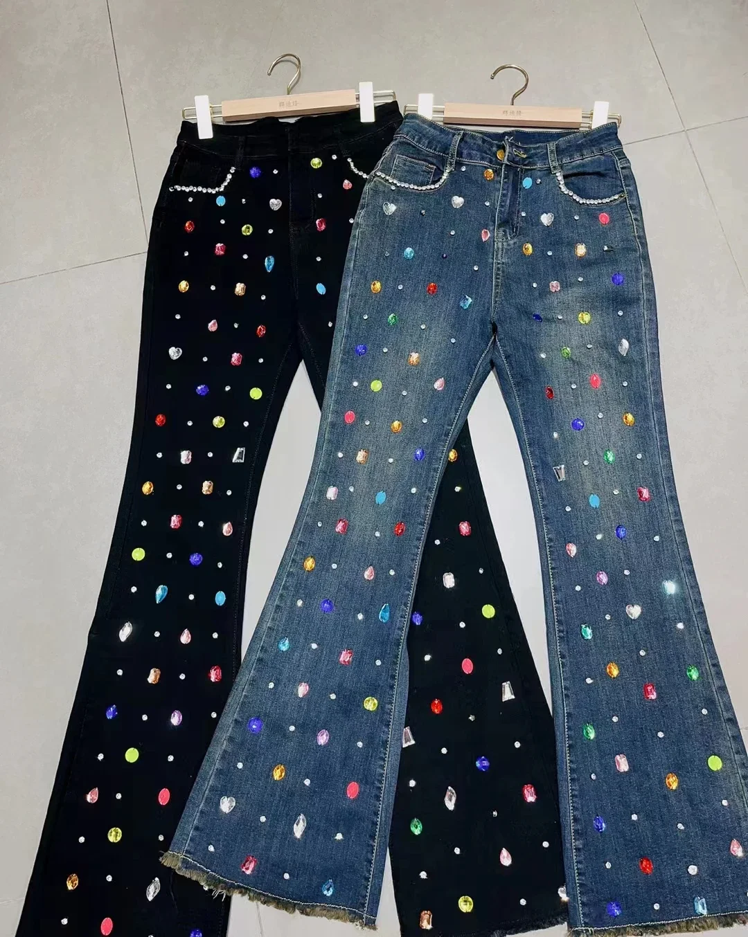 Pantalones vaqueros ajustados de cintura alta para mujer, ropa de otoño, moda coreana, dulce, con diamantes de imitación de Color, 2023