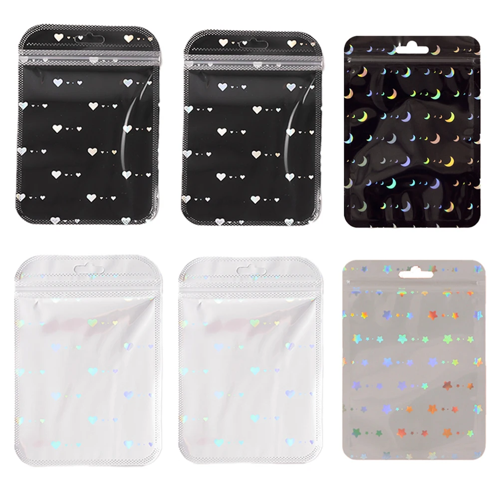 50pcs Star Moon Heart Laser Holographic Self Sealing Bags for Earring Pendants Key Chain Storage Packaging Jewelry Display Pouch