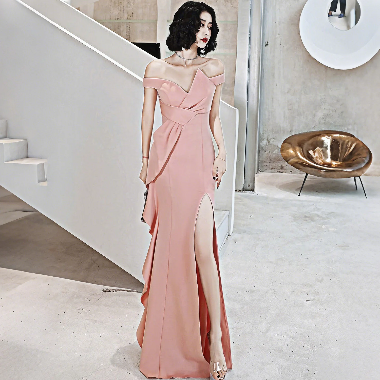 Evening Dress Women's Light Luxury High-Grade off-Shoulder Split Temperament Ladies Banquet Simple Graceful Long Dress