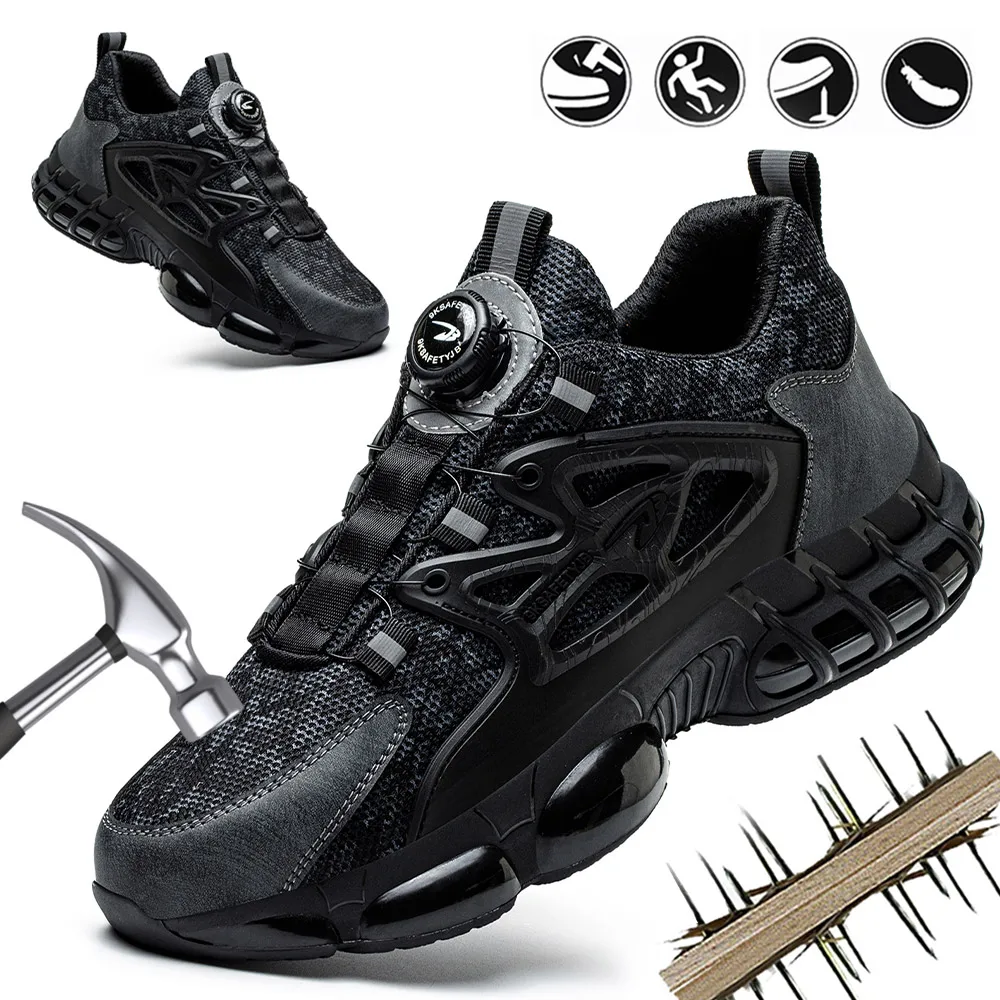 Hombres zapatos de trabajo de seguridad botón rotativo zapatos de deporte de punta de acero de encaje rápido anti-aplastamiento a prueba de perforación cojín de aire sola malla respirable zapatos de
