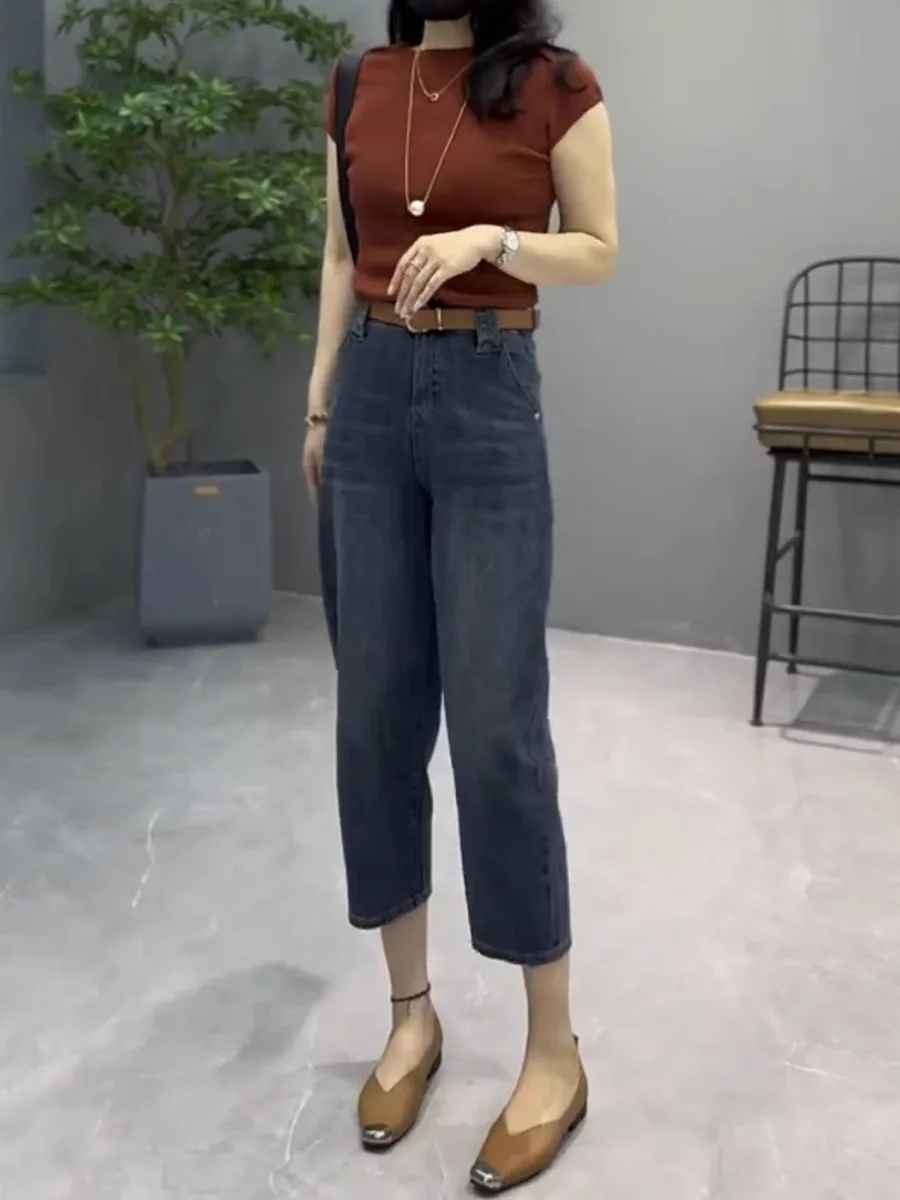 6156 Summer Fashion Women's Clothing Solid Color Basic Simple Casual Straight Thin Jeans Female 4XL Baggy Denim Cropped Pants