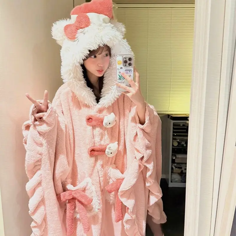 

Hello Kitty Autumn Winter Girl Pajamas Sweet Cute Robe Thicken Keep Warm Comfortable Long Style Hooded Homewear Birthday Gift