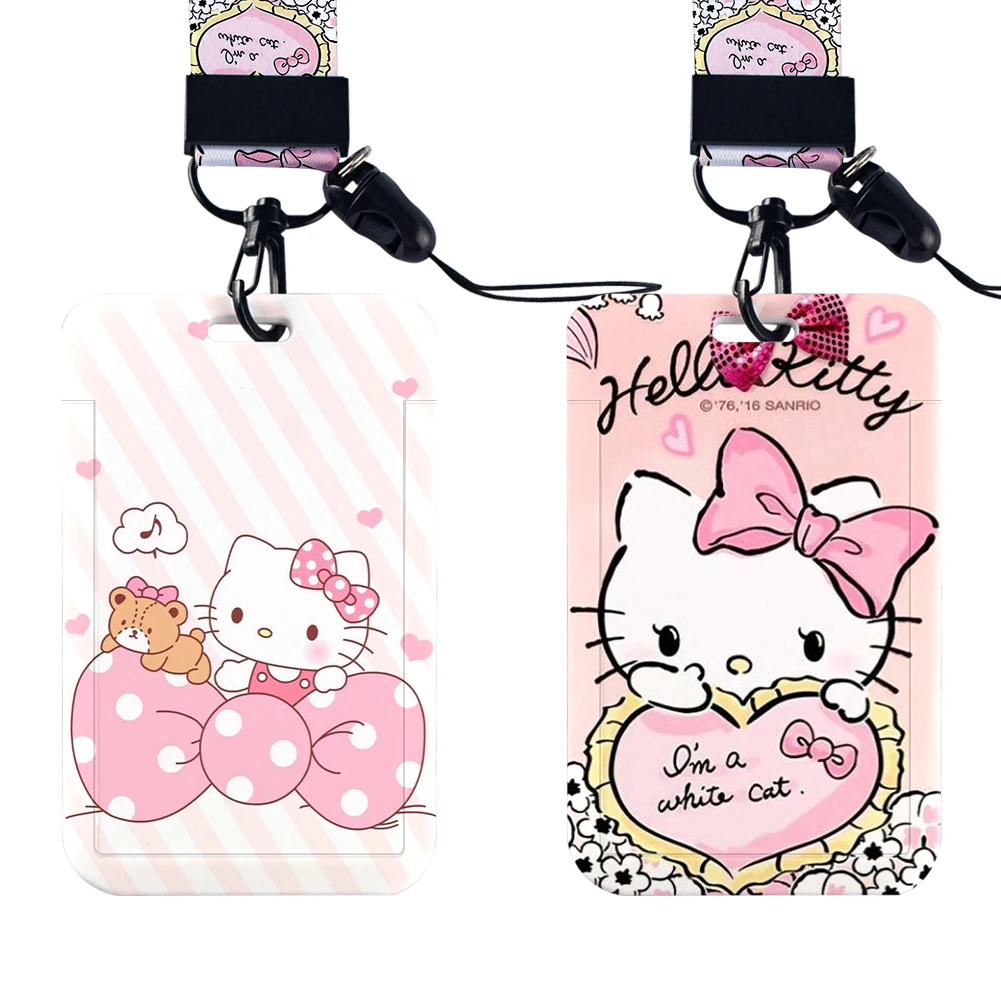 W Hello Kitty PVC Card Holder Documents Protective Case Student Campus Lanyard ID Hanging Neck Rope Anti-lost