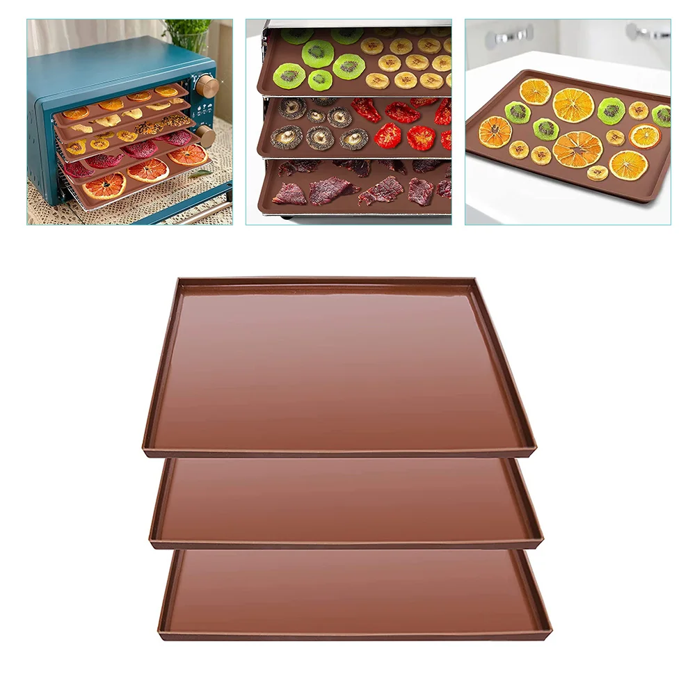 3pcs Coffee Brown Silicone Dehydrator Mats for Fruit Trays Liquids Vegetable Chips Reusable Baking High Temp Resistant