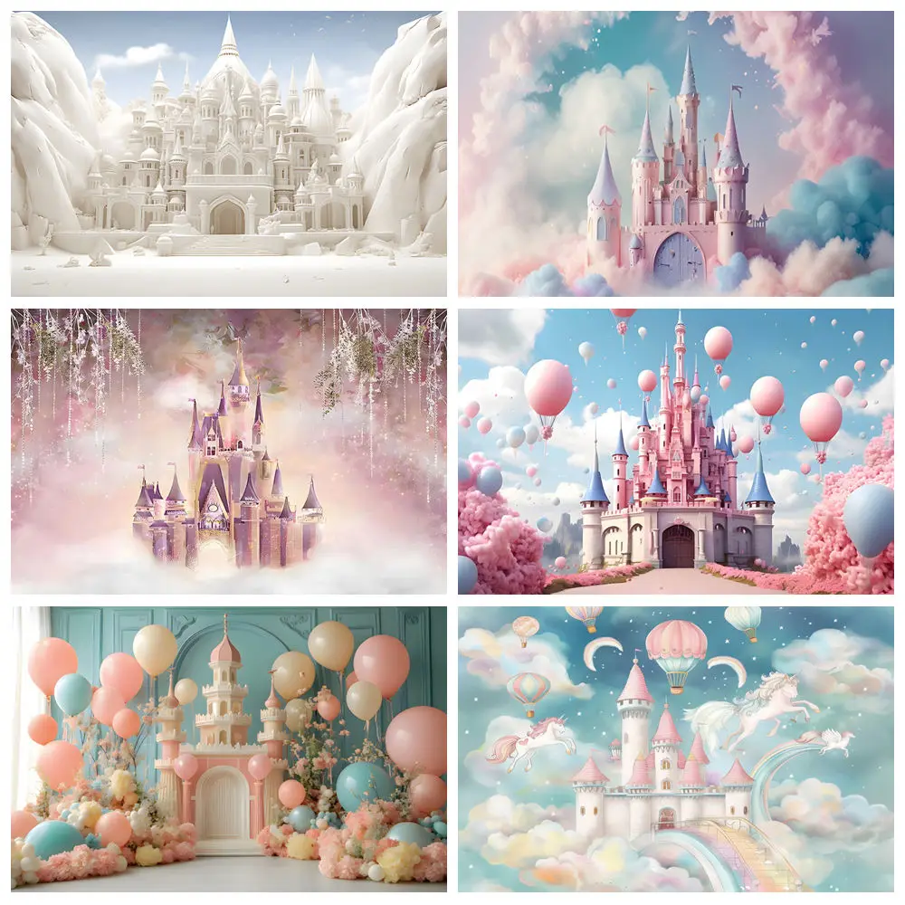 

Princess Castle Photography Backdrop Wonderland Park Pink Purple Balloons Arch Baby Birthday Party Background Decor Photo Studio