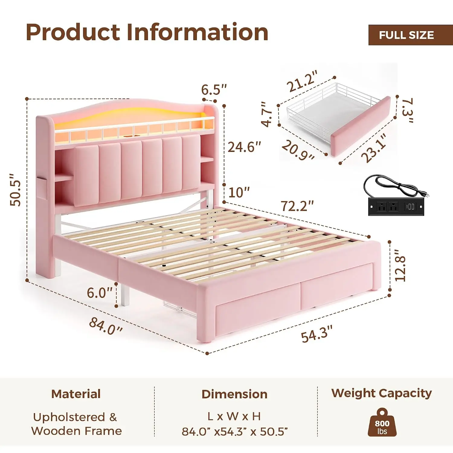 Full LED Bed Frame with Storage Headboard & 2 Storage Drawers, Princess Velvet Upholstered Bed with Vertical Tufted, Customized
