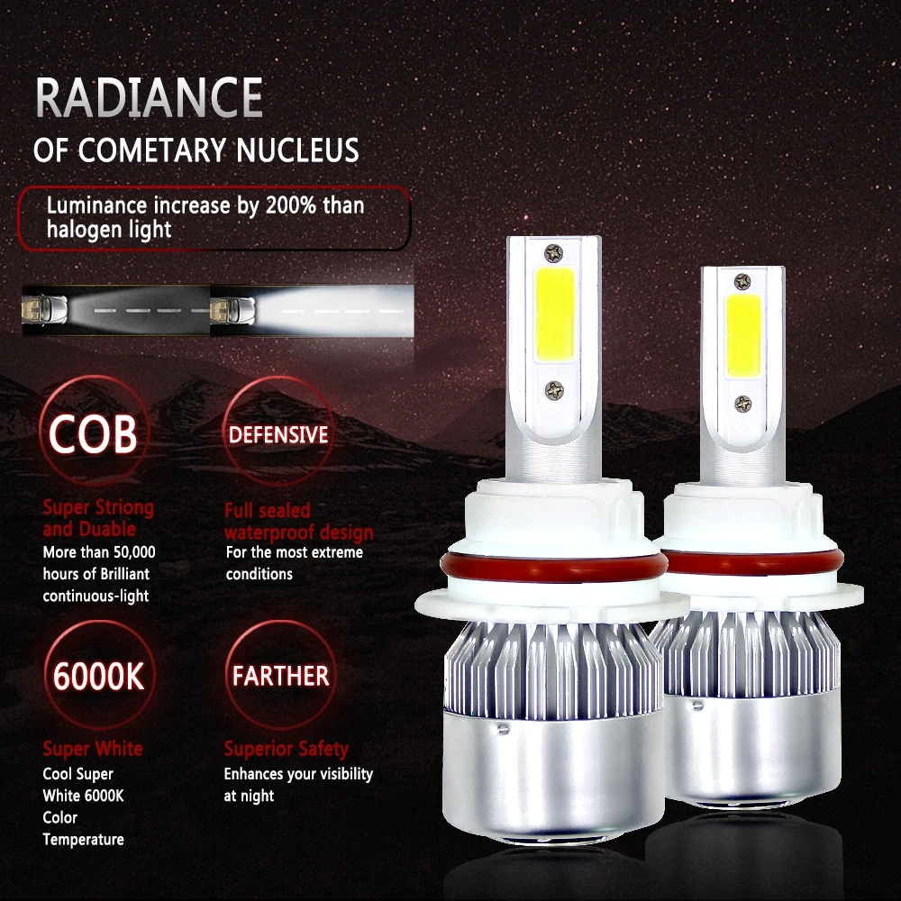 C6 Original Headlight LED 9004 HB1 High Low Beams 6000K Fog Light Bulb 10000LM 70W Car Headlamp Bulbs 2Pcs