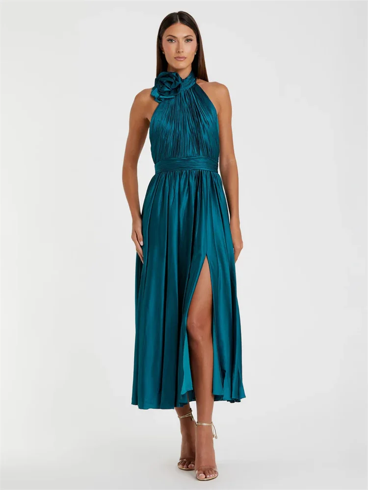

Customized Floral-pleated Turtleneck Midi Dress Sleeveless Rosette-embellished Neckline Pinpleated Belted Open-back Evening Gown
