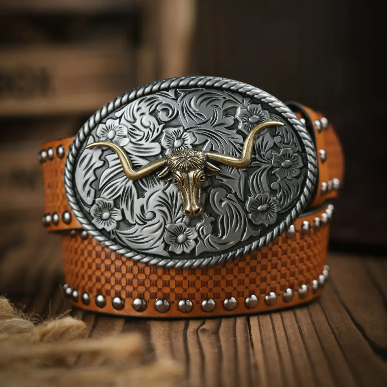 

Western Cowboy PU Leather Belt - Men Waist Strap Bull Decoration Floral Engraved for Jeans