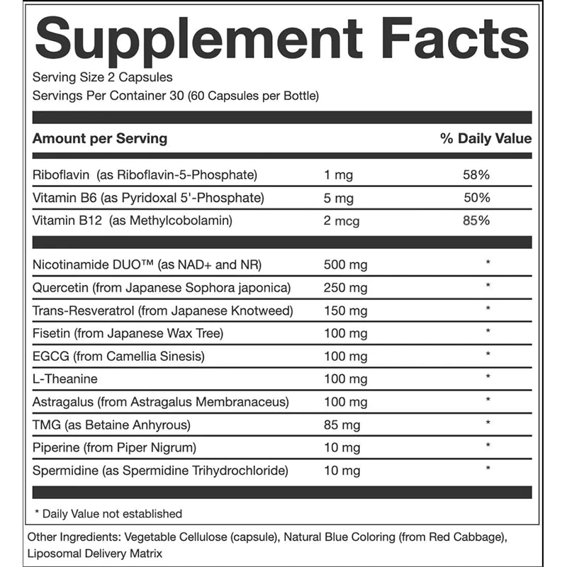 الملحق NAD Complex AEON يحتوي على نيكوتيناميد، فيستين، كيرسيتين، ريسفيراترول، أستراغالوس، كولاجين-60 كبسولة