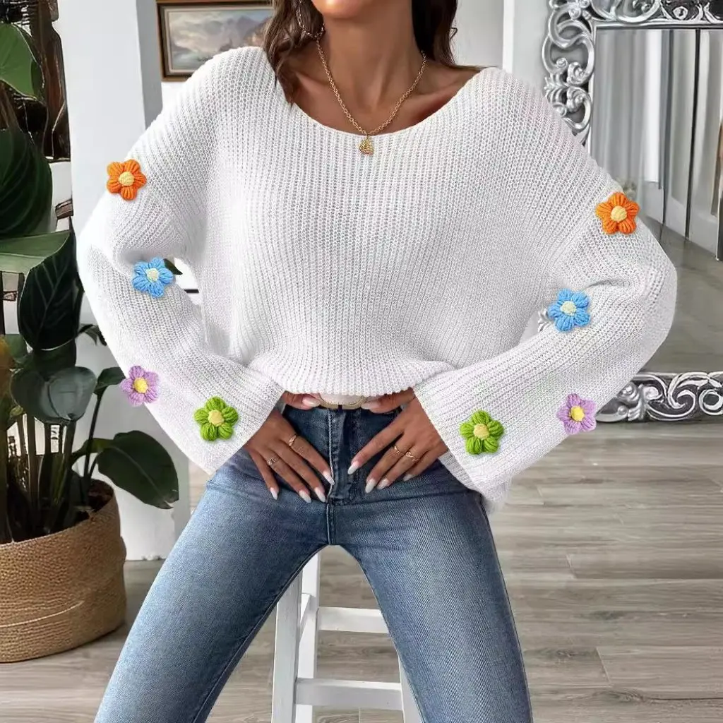 

Women's Off-Shoulder Knitted Sweater Hand Hook Flower Stitching Loose Fit European American Style Horn-Sleeve Top