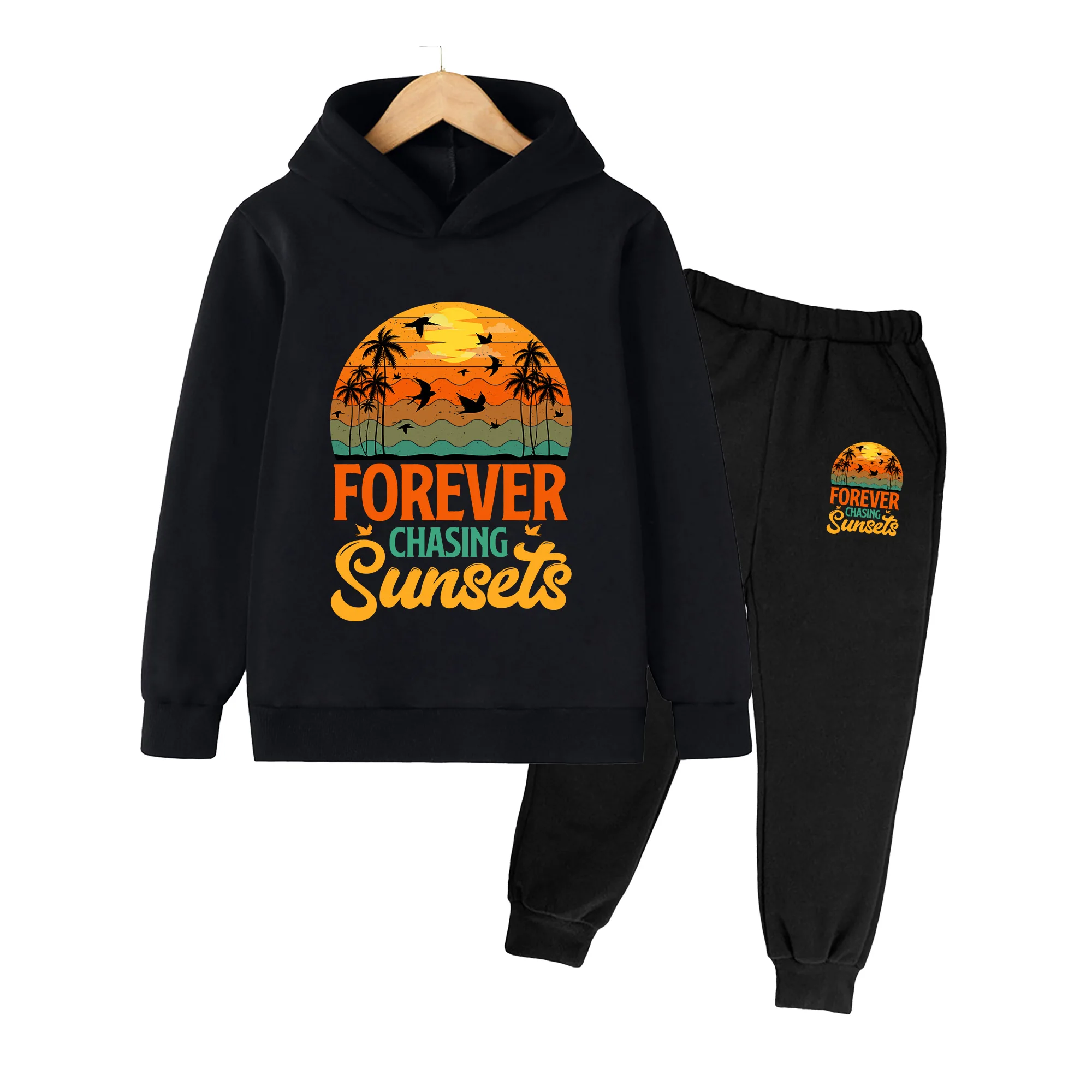Kids Hoodie & Sweatpants Set, Retro Sunset Coconut Tree Print, Casual Outfit for Boys Girls Beach Vacation